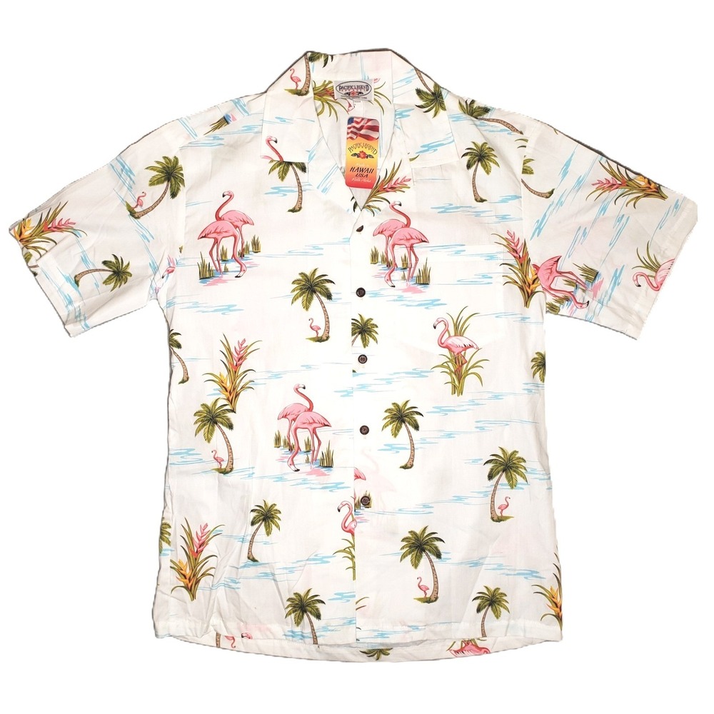 Pacific Legend Flamingo Hawaiian Shirt Mens Medium White Tropical Palm Tree New